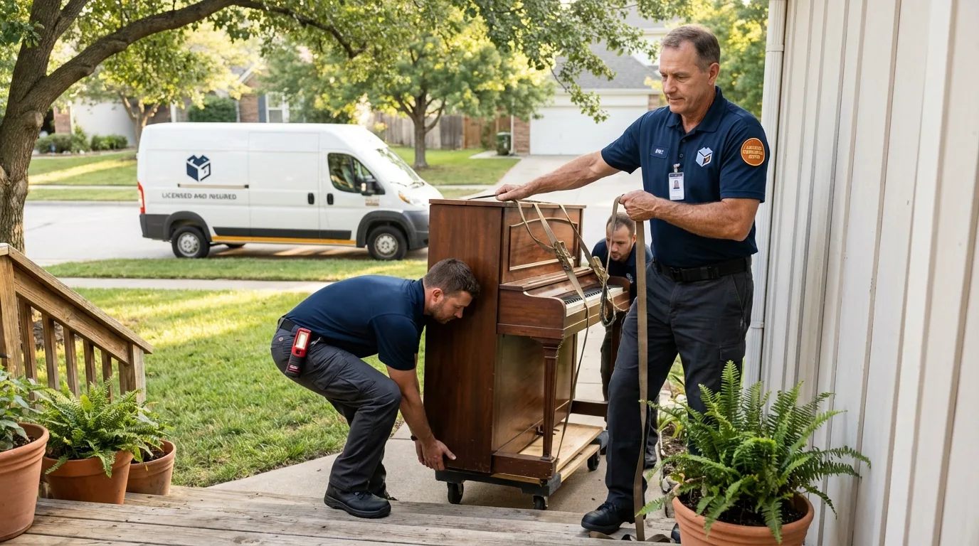 Licensed piano movers securing grand piano in Penn Yan, NY