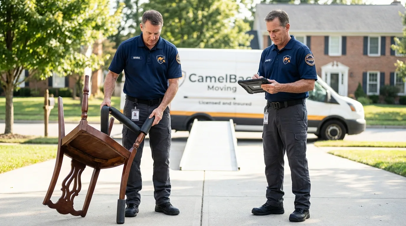 Movers inspecting furniture for damage prevention before loading in Penn Yan, NY