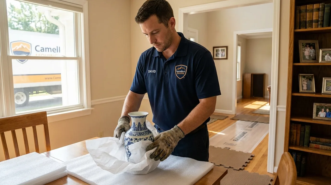 Professional crew carefully wrapping antique vase for senior downsizing move in Penn Yan, NY